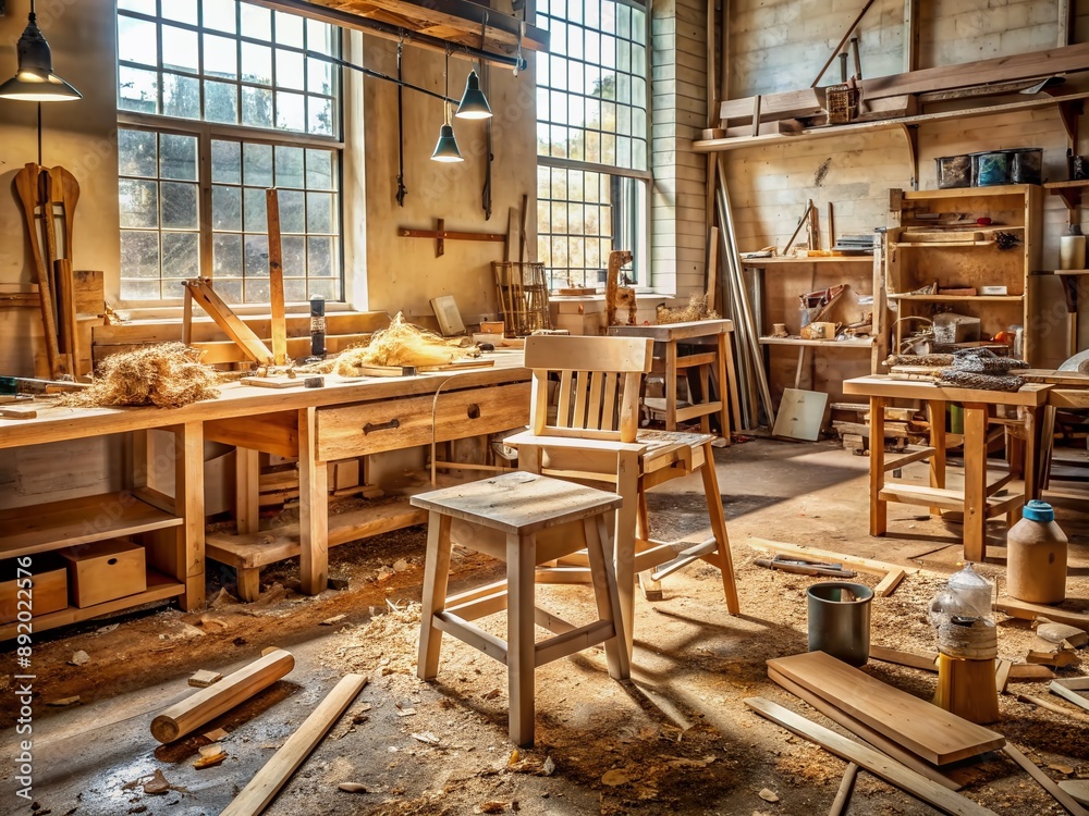 Wooden workbench cluttered with tools and scraps in a well-lit carpentry studio, featuring a half-finished wooden chair, sawdust, and woodworking machinery in background. Wooden workbench cluttered with tools and scraps in a well-lit carpentry studio, featuring a half-finished wooden chair, sawdust, and woodworking machinery in background.