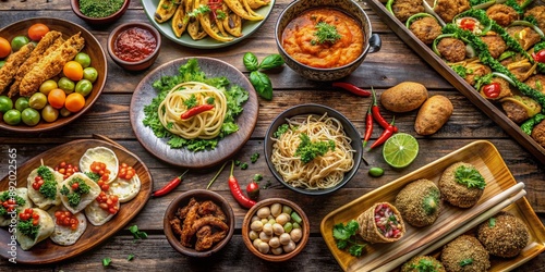 Vibrant collage of international dishes, including sushi, tacos, pad thai, curry, falafel, and pasta, beautifully arranged on a rustic wooden communal table.