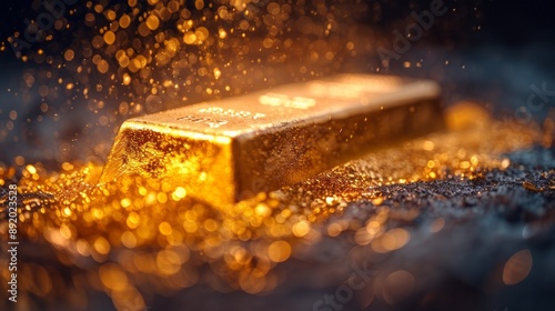 Shiny gold bar on black background photo