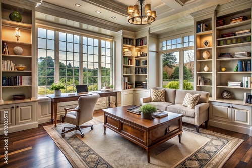 Wallpaper Mural Elegant home office features custom built-in bookshelves, plush seating, and expansive windows offering serene views, creating an ideal setting for focused productivity and relaxation. Torontodigital.ca