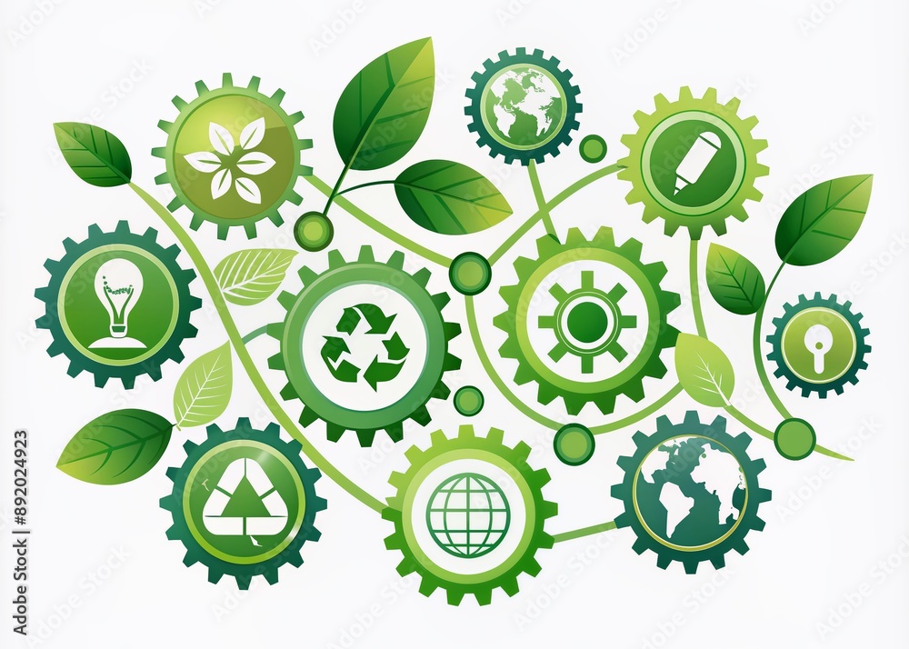 Illustrated infographic displaying interconnected gears and leaves, highlighting environmental conservation, social equity, and economic sustainability initiatives for a better future. Illustrated infographic displaying interconnected gears and leaves, highlighting environmental conservation, social equity, and economic sustainability initiatives for a better future.