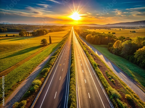 Wallpaper Mural Golden hour panoramic landscape of an empty road or highway with warm sunlight casting long shadows, ideal for fitness and startup themes. Torontodigital.ca