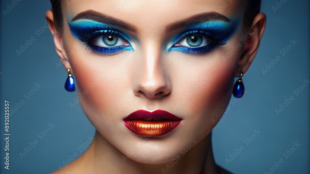 Vibrant studio shot of a flawless close-up face featuring trendy 2024 makeup, bold blue eyeliner, and luscious lashes, against a clean, crisp background. Vibrant studio shot of a flawless close-up face featuring trendy 2024 makeup, bold blue eyeliner, and luscious lashes, against a clean, crisp background.