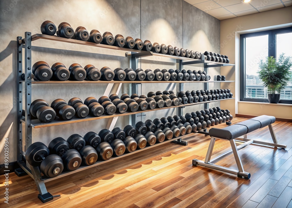 Neatly organized dumbbells of various weights on a metal rack against a clean wall in a modern fitness center with a wooden floor. Neatly organized dumbbells of various weights on a metal rack against a clean wall in a modern fitness center with a wooden floor.