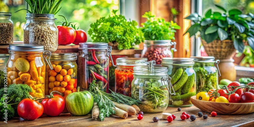 Vibrant kitchen scene featuring an array of fresh produce and herbs in jars, evoking a warm, wholesome atmosphere, perfect for healthy living and cooking themes. Vibrant kitchen scene featuring an array of fresh produce and herbs in jars, evoking a warm, wholesome atmosphere, perfect for healthy living and cooking themes.