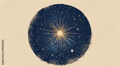 Cosmic starburst in circular frame against a dark starry sky photo