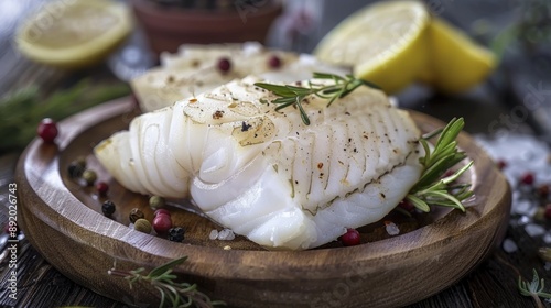 Cod fish presented fresh on wood plate
