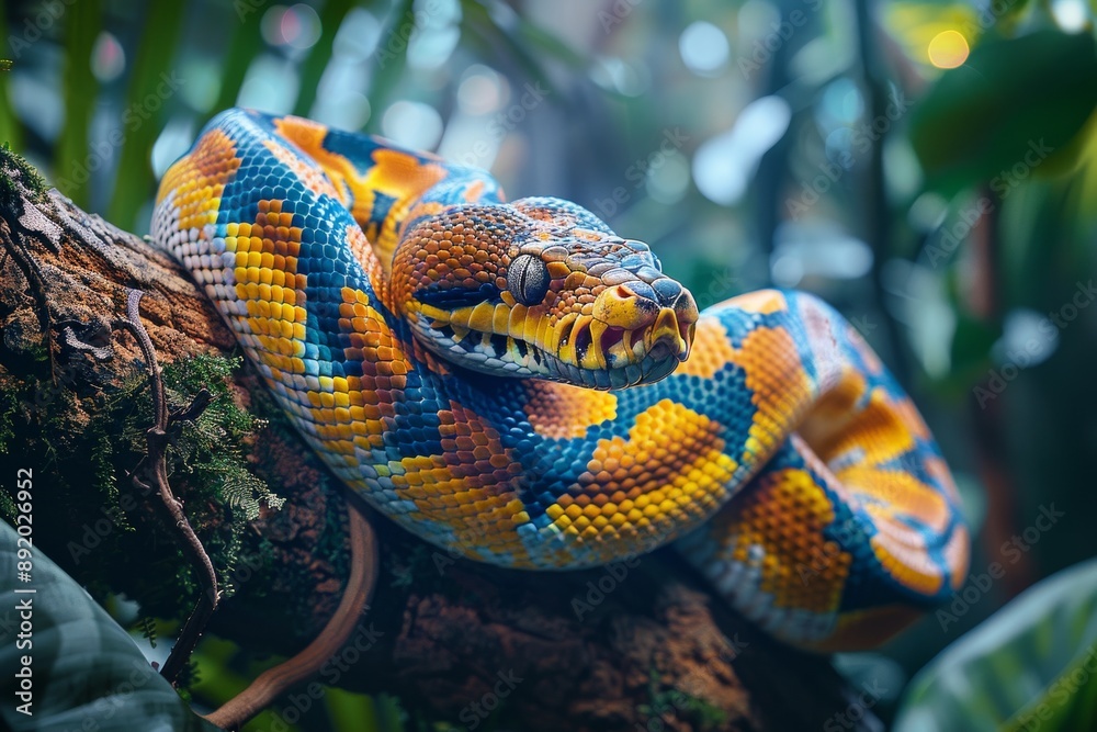 Reticulated Python with its tail wrapped around a tree, Anger, Menacing ...