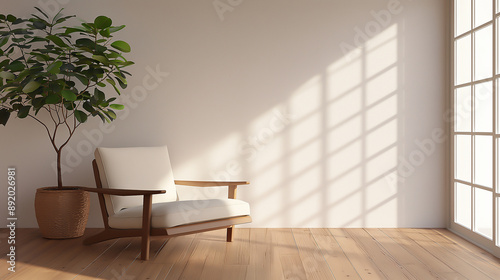 living room, soft natural light, single potted plant, clean lines