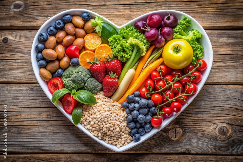 Fresh fruits, colorful vegetables, and nutritious grains arranged in a heart-shaped plate, symbolizing love and care for a healthy diet and wellness lifestyle. Fresh fruits, colorful vegetables, and nutritious grains arranged in a heart-shaped plate, symbolizing love and care for a healthy diet and wellness lifestyle.
