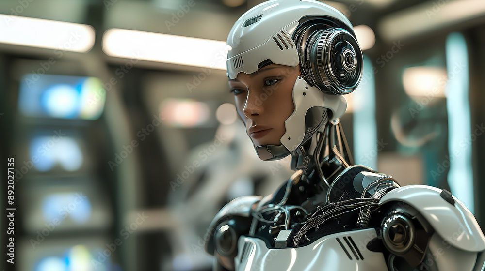 advanced AI robot, human-like features, lab setting advanced AI robot, human-like features, lab setting