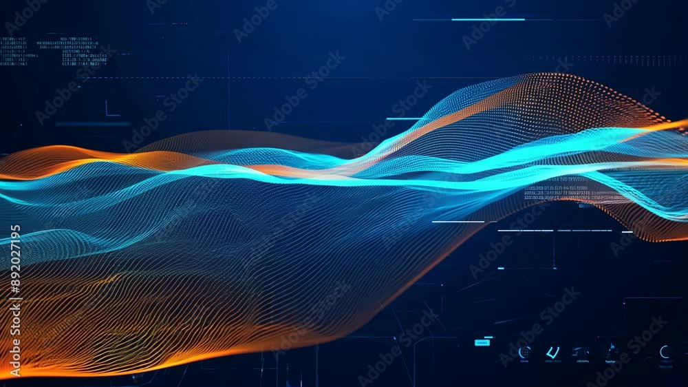 Abstract digital art featuring colorful wave patterns in blue and orange hues against a dark background