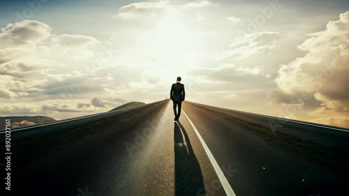 Businessman walking on highway road going up as an arrow in sky