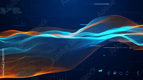 Abstract digital art featuring colorful wave patterns in blue and orange hues against a dark background