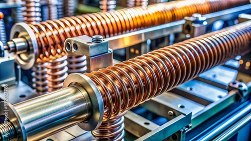 Close-up of a metallic spring coil unit in motion, surrounded by machinery components, conveying mechanical energy transmission in industrial manufacturing process.