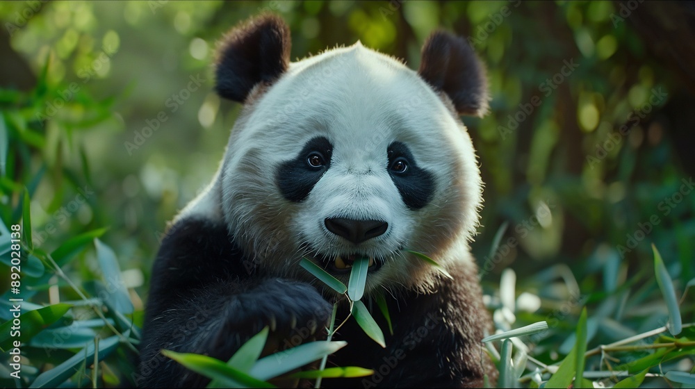 Obraz premium Cute panda eating bamboo