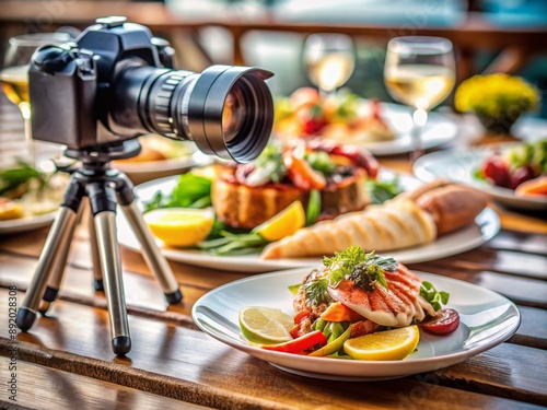 A camera and microphone setup beside a beautifully styled table setting with selective focus on a plate of fresh seafood and garnishes. photo