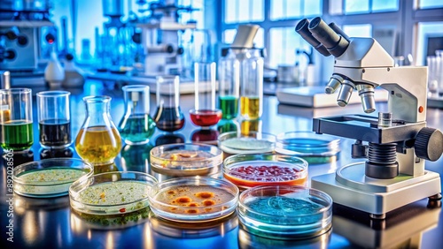 Microscopic view of petri dishes, reagents, and microlaboratory equipment in a clean and modern laboratory setting, focusing on bacteriological examination and research.