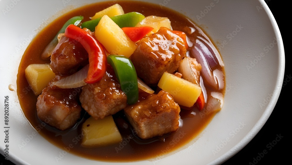 Sweet and Sour Pork - Crispy pork pieces in a tangy sauce with pineapple, bell peppers, and onions.