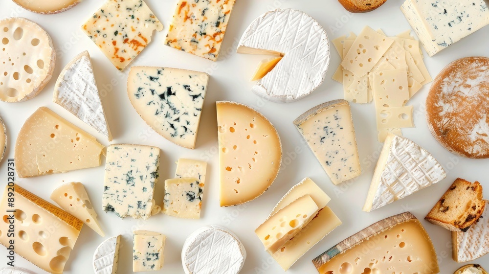 Variety of sliced and packaged cheeses displayed on menu background in top view Variety of sliced and packaged cheeses displayed on menu background in top view