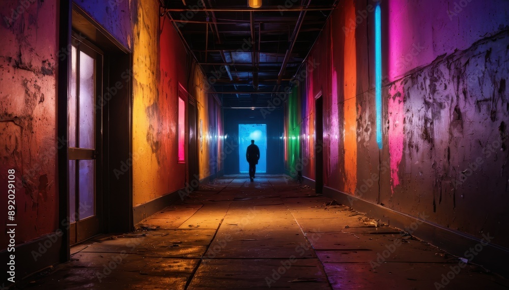 Fototapeta premium Silhouette of a Person Walking Through a Colorful and Abandoned Hallway.