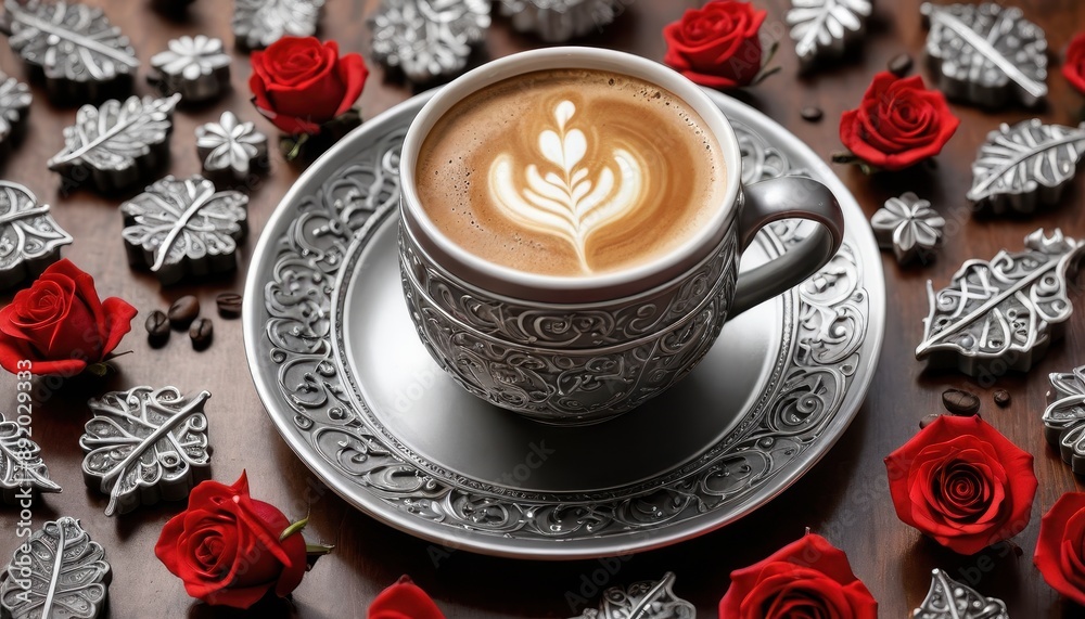 Ornate Coffee Cup and Roses. Ornate Coffee Cup and Roses.