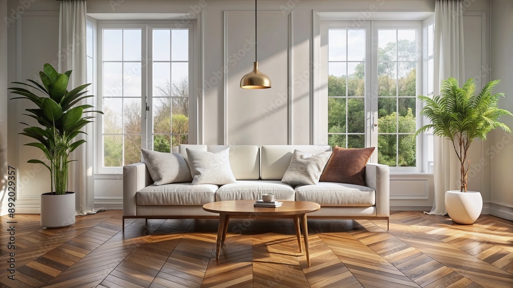 Fototapeta premium Sleek white sofa sits atop rich wooden parquet flooring in a serene, minimalist Scandinavian-inspired living room with abundant natural light and modern decor.