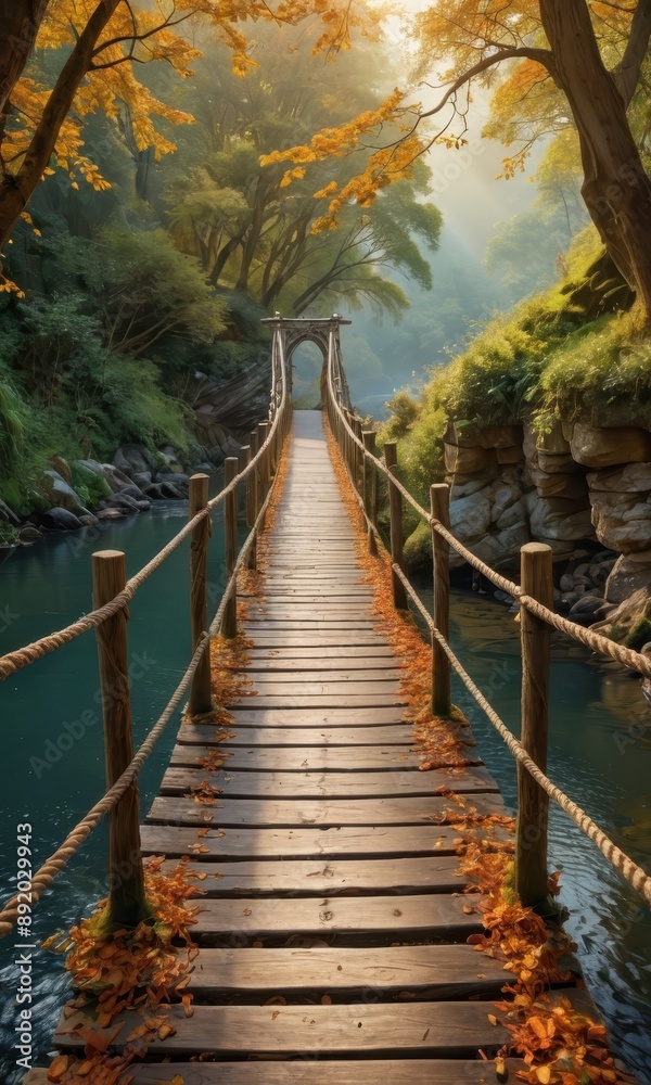 Fototapeta premium Wooden Bridge Through A Misty Forest.