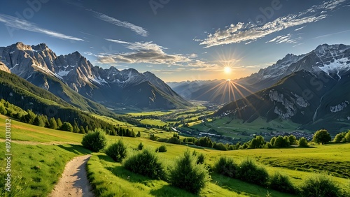 A serene landscape with majestic mountains in the background, overlooking a tranquil valley below photo