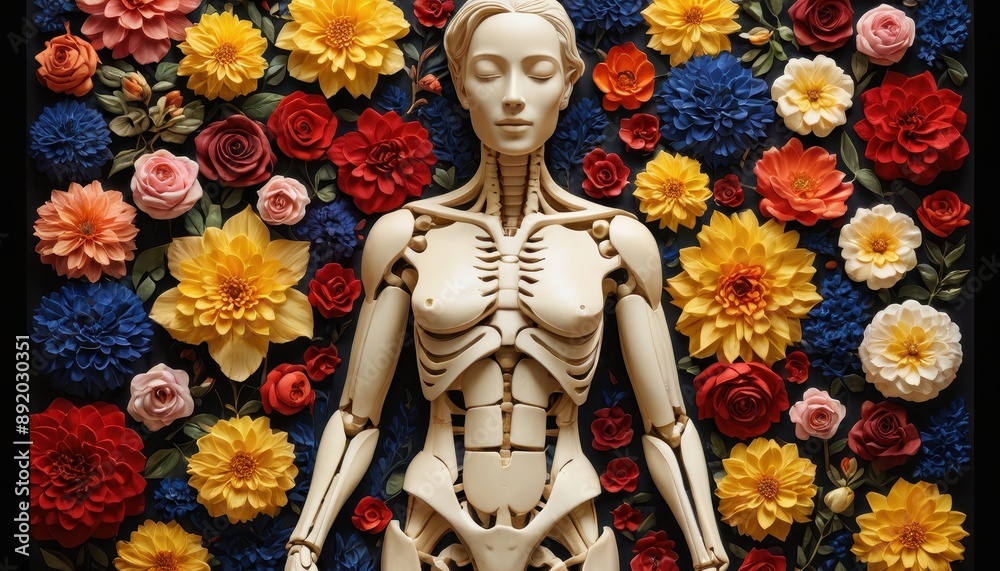 Fototapeta premium Skeleton Surrounded by Flowers.