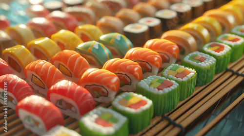 a colorful sushi platter, each piea colorful sushi platter, each piece distinct, bamboo matce distinct, bamboo mat photo