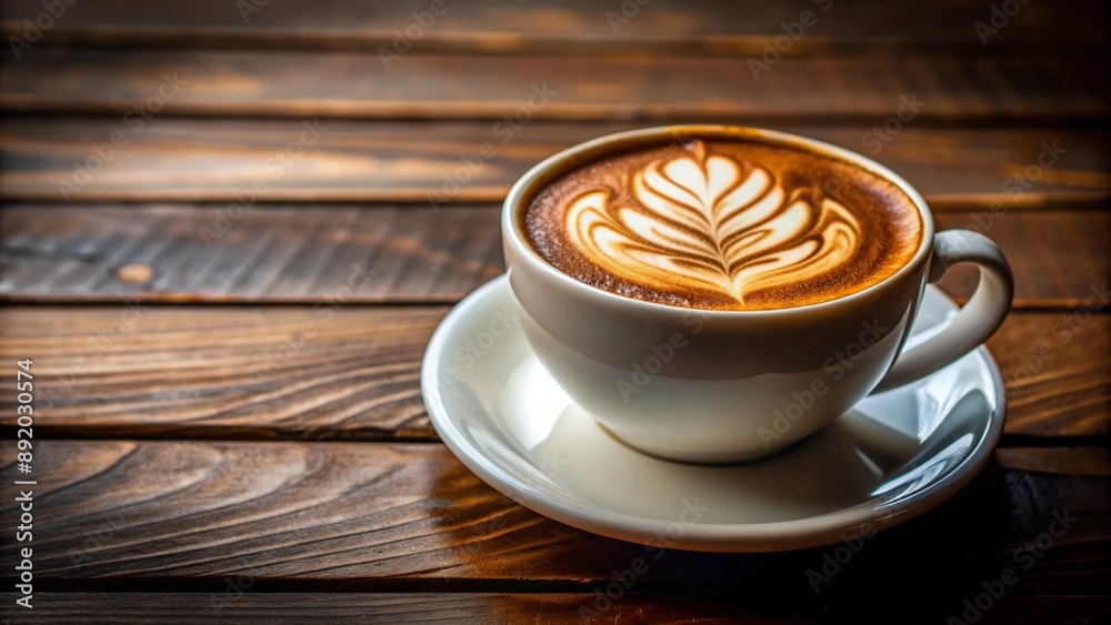 Latte art coffee in a white design on a dark wood table textured vintage Latte art coffee in a white design on a dark wood table textured vintage