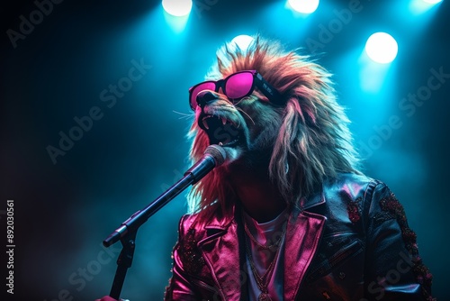 A super star lion with a microphone on stage, neon background. 