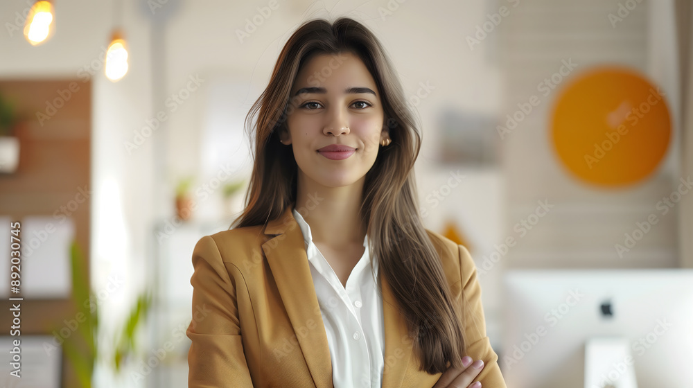 businesswoman holding a presentation in a clean, bright office, engaging and professional,