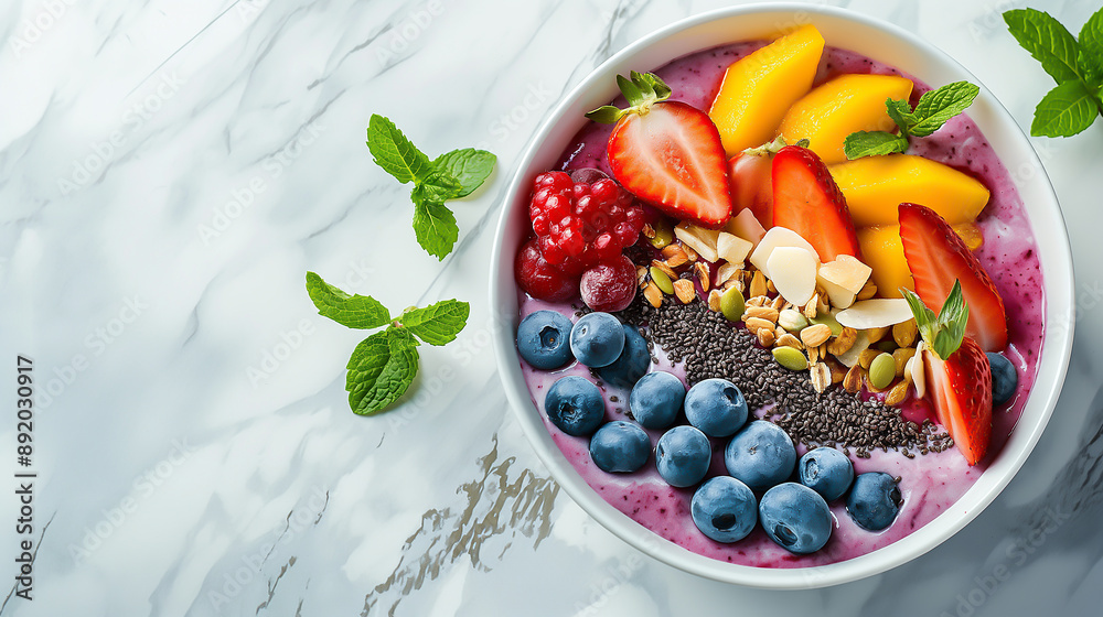 a colorful smoothie bowl, fruit toppings, marble background a colorful smoothie bowl, fruit toppings, marble background