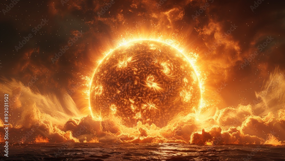 A giant sun, centered in frame, with intense heat radiating from its surface. A giant sun, centered in frame, with intense heat radiating from its surface.