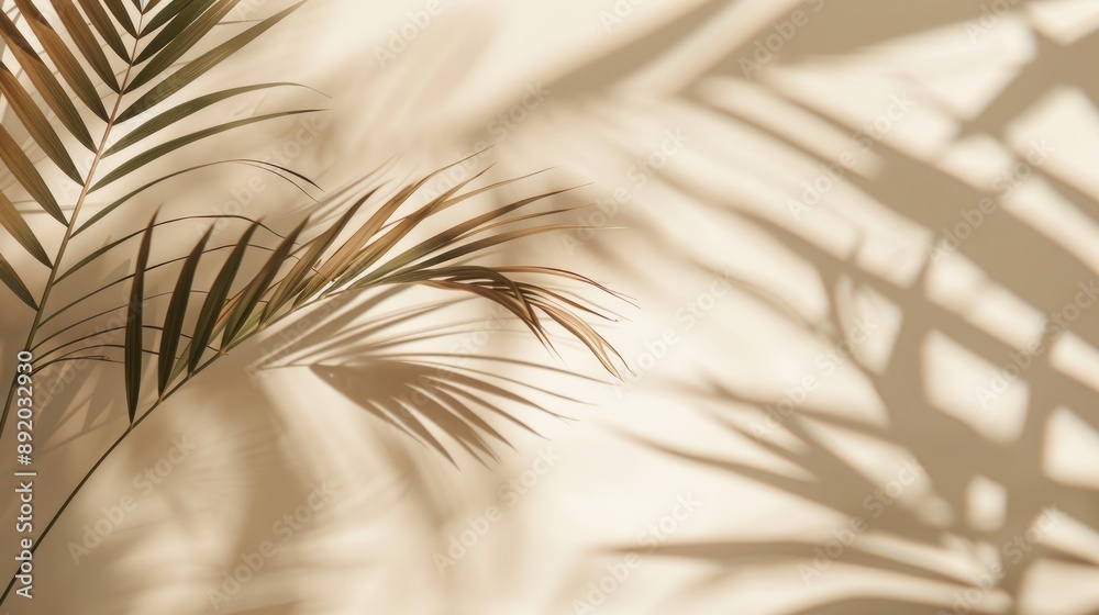 Obraz premium Minimalistic summer background with blurred sunlight shadow of palm leaves on neutral beige backdrop