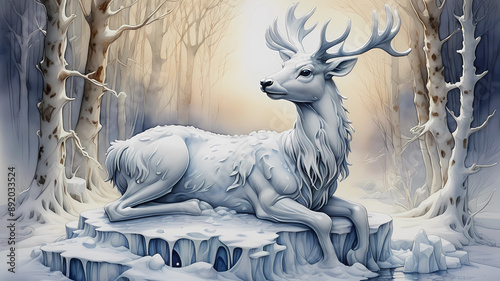 a white snow sculptured made out of ice in the form of a snow deer, the image should evoke a sense of awe and wonder, inviting viewers to embark on an imaginative journey. watercolour and ink by Cicel photo