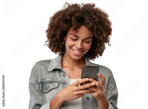 A portrait of a young African American black woman with curly hair looking at her mobile phone and smiling, isolated in a transparent background. Cut out or PNG. photo