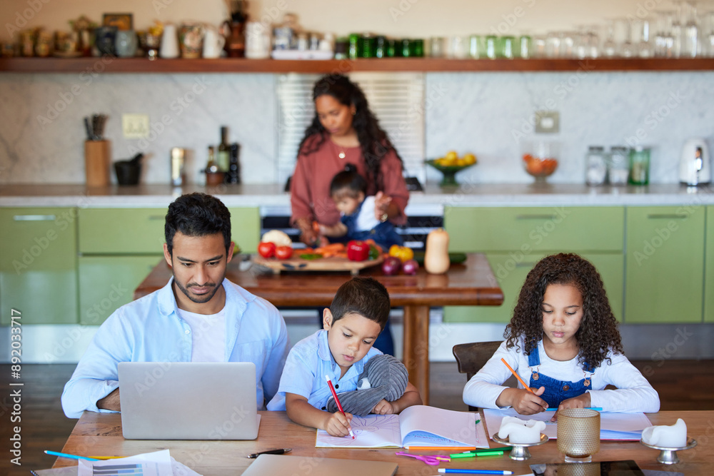 Fototapeta premium Man, working and laptop in home with kids, education and drawing or art together at table. Children, dad or father and career or study in apartment for elearning, internet or online for creativity