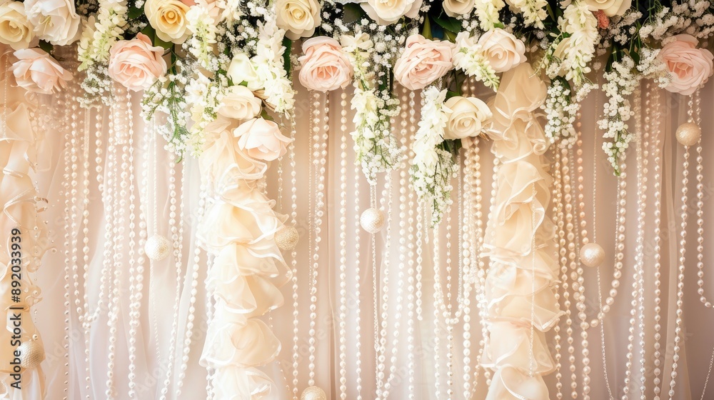 Creamy decorations with lace and pearls for a wedding backdrop Creamy decorations with lace and pearls for a wedding backdrop