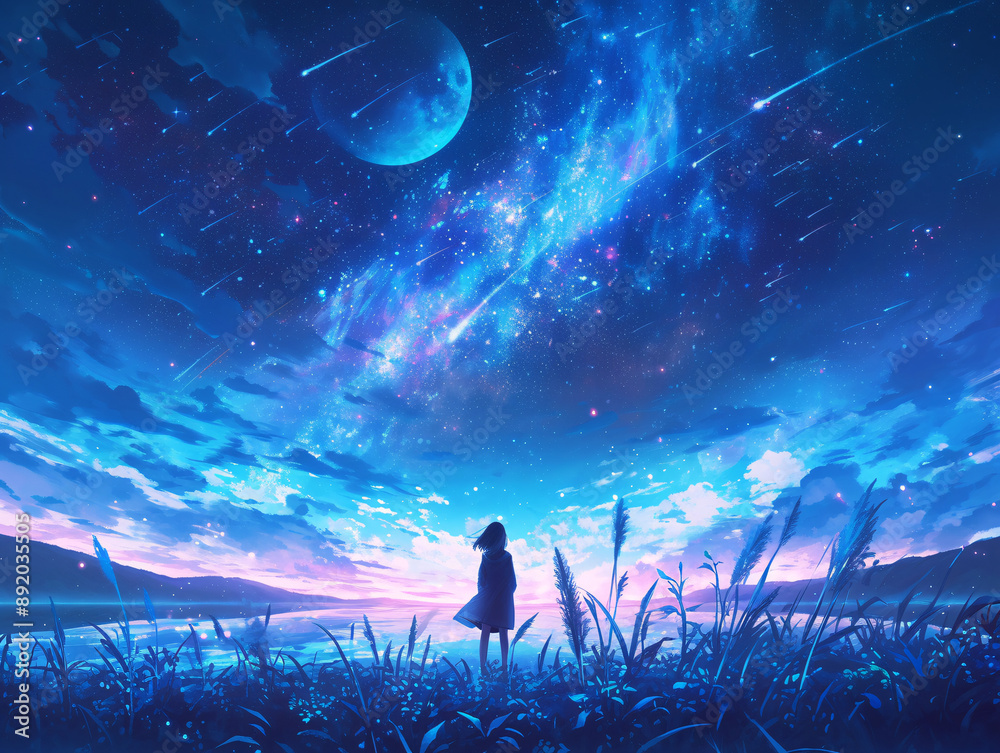 Obraz premium an anime girl standing in a field of flowers, looking up at the sky with a beautiful view of stars and clouds in the background.