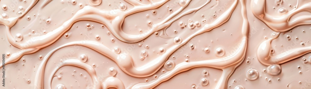 A close-up view of smooth, luxurious liquid texture, showcasing gentle curves and bubbles in a soft peach color.