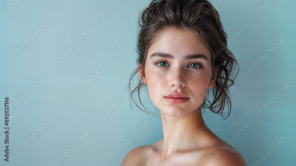 Studio portrait of a beautiful young model with messy hair and a fair, fresh complexion. Skin care and cosmetics. Copy space. Isolated against a blue background.