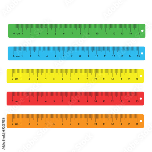 Inch and metric plastic rulers in different colors. Centimeters and inches measurement scale. Measuring centimeter plastic tool. Vector illustration.