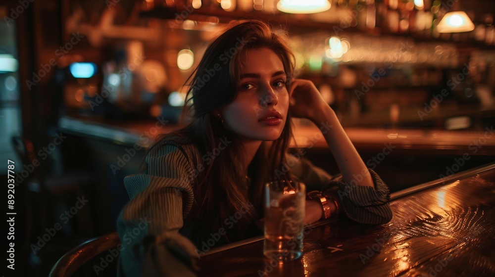 Portrait of a beautiful young woman sitting alone at the bar, Portrait of a beautiful young woman sitting alone at the bar,