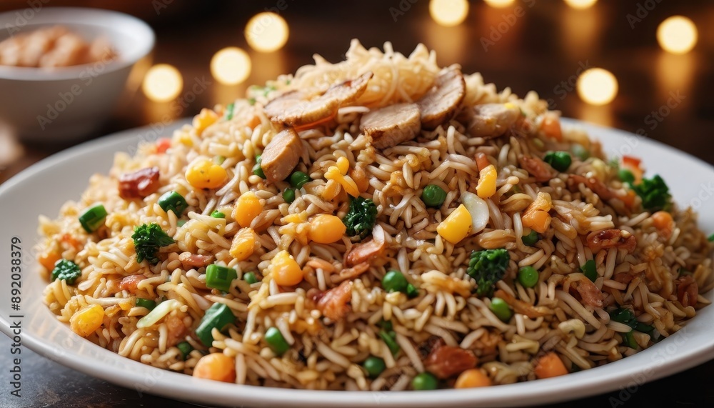 Delicious Fried Rice With Chicken And Vegetables. Delicious Fried Rice With Chicken And Vegetables.