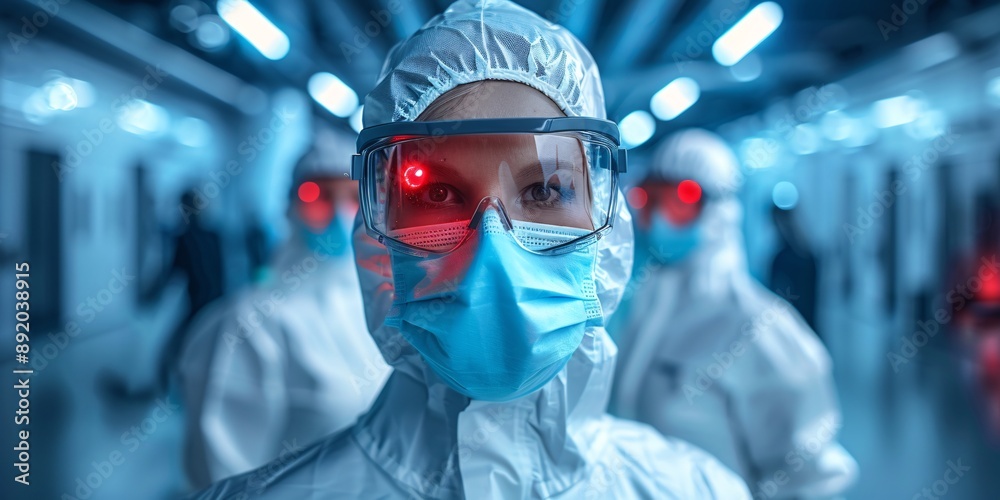 Group of people in white suits and masks standing in hallway. Group of people in white suits and masks standing in hallway.