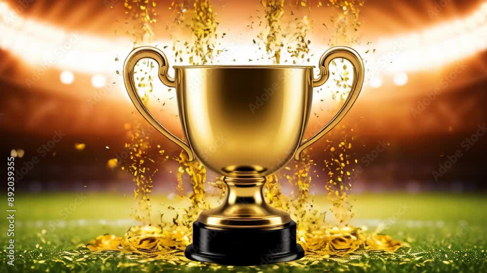Football Champion Cup. Golden trophy cup for football Championship in arena with golden confetti. Football Championship celebration in soccer stadium Football Champion Cup. Golden trophy cup for football Championship in arena with golden confetti. Football Championship celebration in soccer stadium