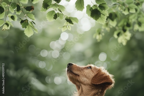 Golden retriever puppy in nature, looking up at green leaves, with blurred background and natural sunlight filtering through the trees. photo